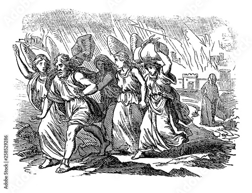 Vintage antique illustration and line drawing or engraving of biblical story about destruction of cities Sodom and Gomorrah. From Biblische Geschichte des alten und neuen Testaments, Germany 1859