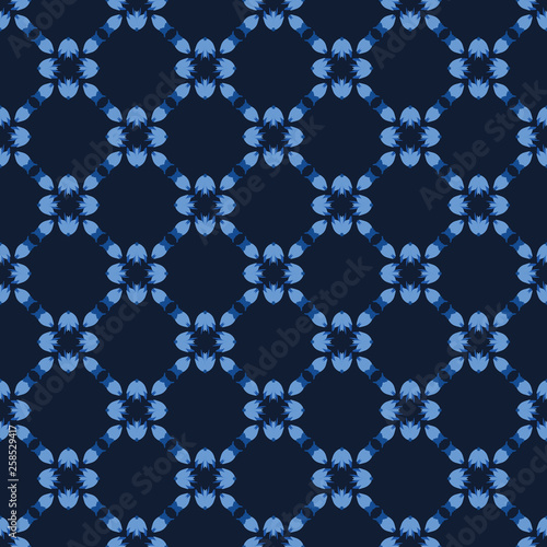 Hand drawn large scale floral vector seamless pattern. Indigo blue dye background. Bold geometric stylized leaf blooms. Painted pretty garden flower. Retro vintage fashion quilt style all over print.