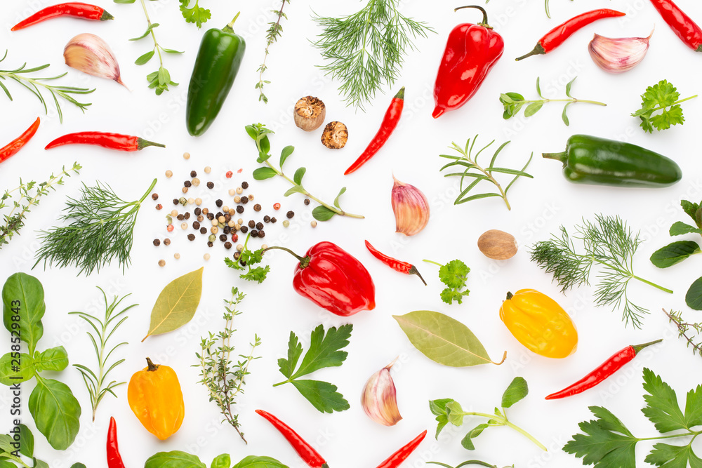 Spice herbal leaves and chili pepper on white background. Vegetables pattern. Floral and vegetables on white background. Top view, flat lay. Spice herbal leaves and chili pepper on white background. Vegetables pattern. Floral and vegetables on white background. Top view, flat lay.