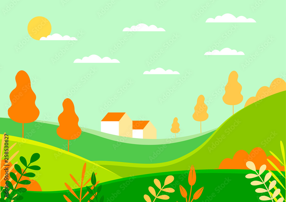 Village landscape with buildings, hills, flowers and trees. Rural summer vector illustration in flat style. Design elements perfect for banners, cards, posters and websites and etc