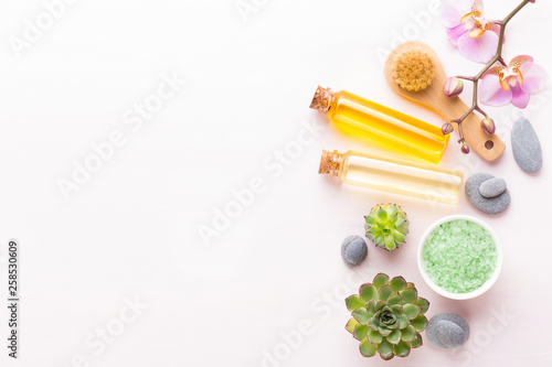 Spa background with handmade bio cosmetic and  cactus composition, flat lay, space for a text - Image.