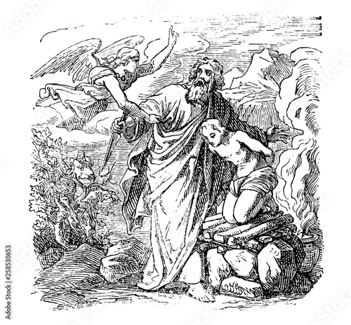 Vintage antique illustration and line drawing or engraving of biblical story about Abraham going to sacrifice his only son Isaac, but s stopped by Angel.From Biblische Geschichte des alten und neuen