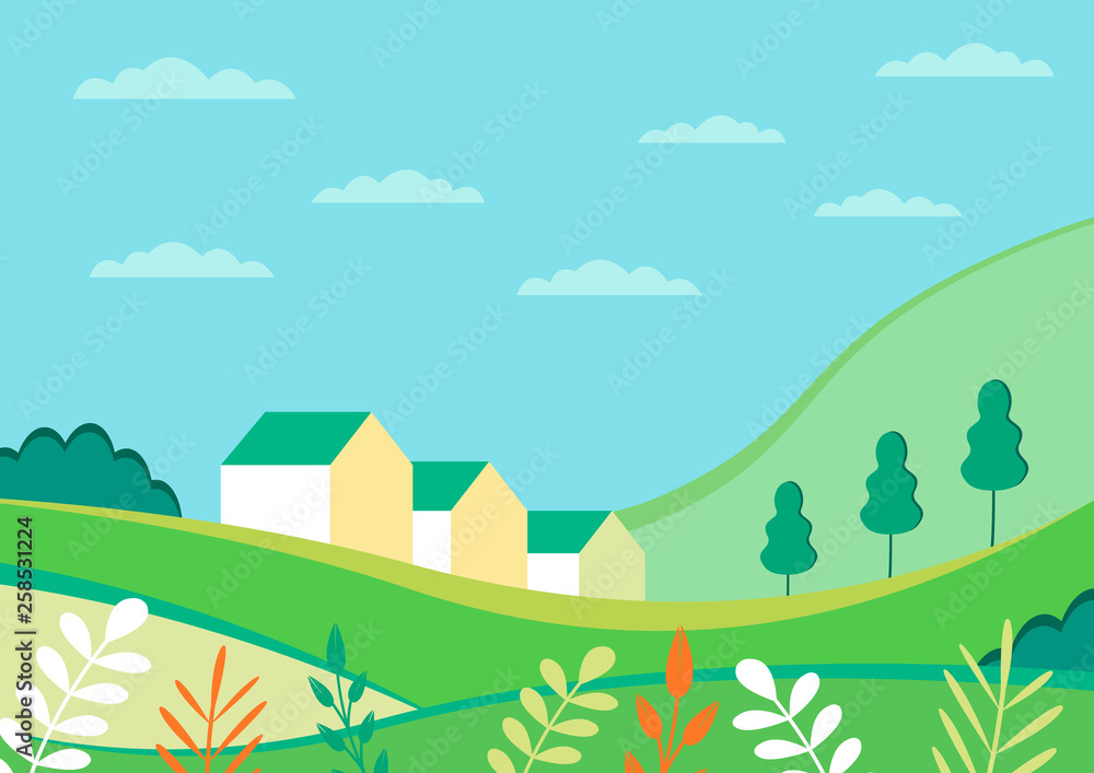 Village landscape with buildings, hills, flowers and trees. Rural summer vector illustration in flat style. Design elements perfect for banners, cards, posters and websites and etc.