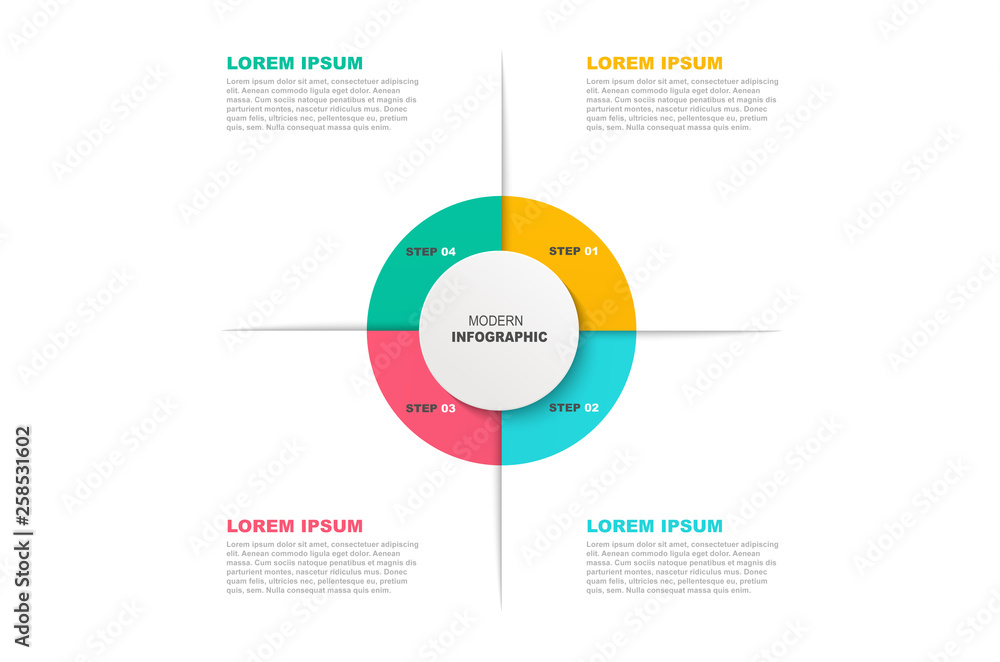 Circle infographic template with icons and 4 steps or options. Business concept, workflow layout, info graph, flowchart. Circle infographic template with icons and 4 steps or options. Business concept, workflow layout, info graph, flowchart.