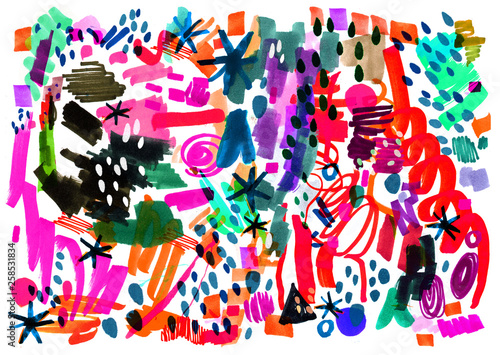 Fototapeta Naklejka Na Ścianę i Meble -  Modern multicolor futuristic pop art pattern. Bright color abstract painting in Neo Memphis style.