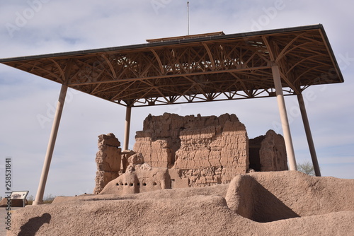 Coolidge, AZ., U.S.A., Jan. 30, 2018.  Casa Grande Ruins National Monument in 1918.  Mystery surrounds this unique circa 1350 A.D. 4-story “caliche” brick building and surrounding structures. photo