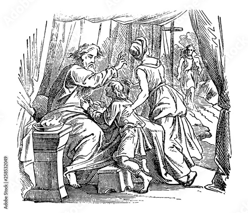 Vintage antique illustration and line drawing or engraving of biblical story about Issac giving blessing to Jacob instead of Esau.From Biblische Geschichte des alten und neuen Testaments, Germany 1859