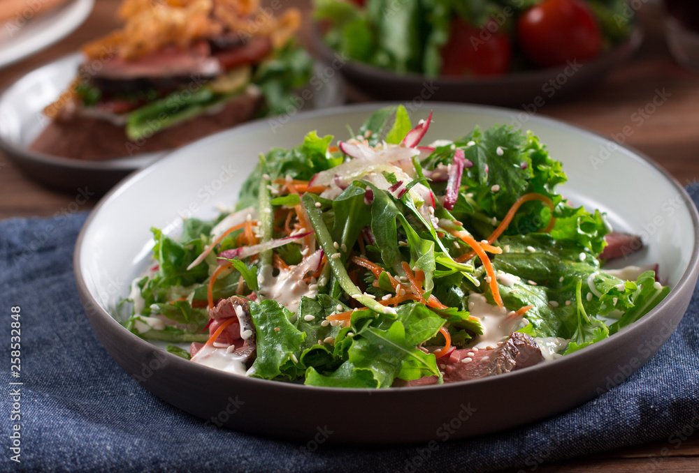 Juicy Beef tenderloin steak salad with tomatoes, cucumbers, radishes and sesame seeds. health food Juicy Beef tenderloin steak salad with tomatoes, cucumbers, radishes and sesame seeds. health food