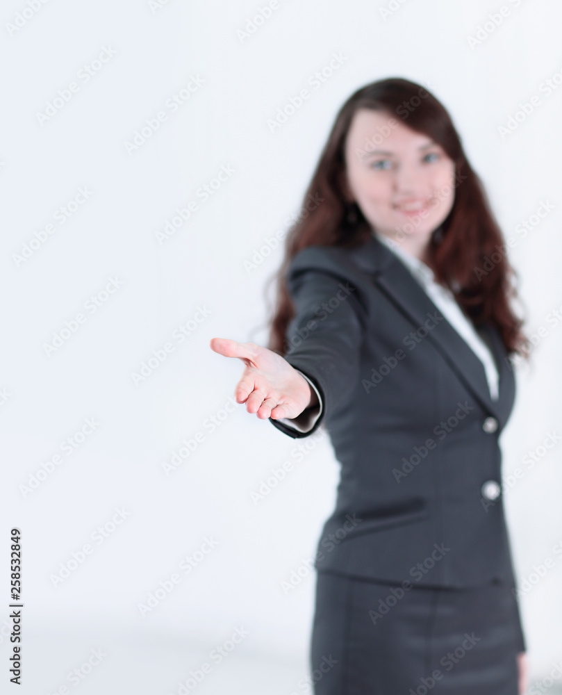 friendly business woman stretching hand for handshake . friendly business woman stretching hand for handshake .