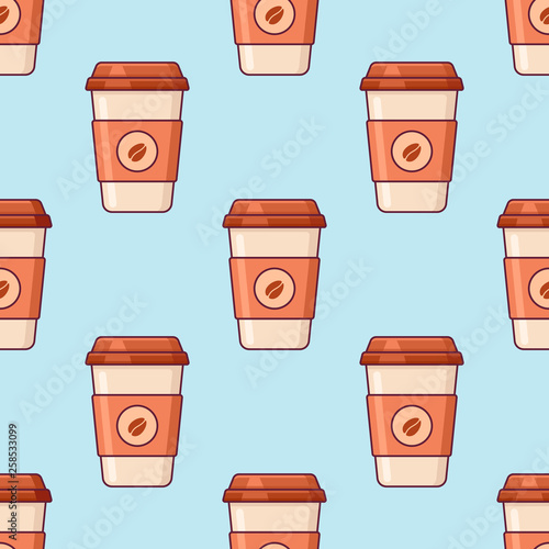 Seamless pattern with takeaway coffee on blue background. Vector texture.
