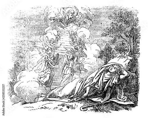 Vintage antique illustration and line drawing or engraving of biblical story about Jacob and Laban.From Biblische Geschichte des alten und neuen Testaments, Germany 1859. Genesis 31.Young man sleeping