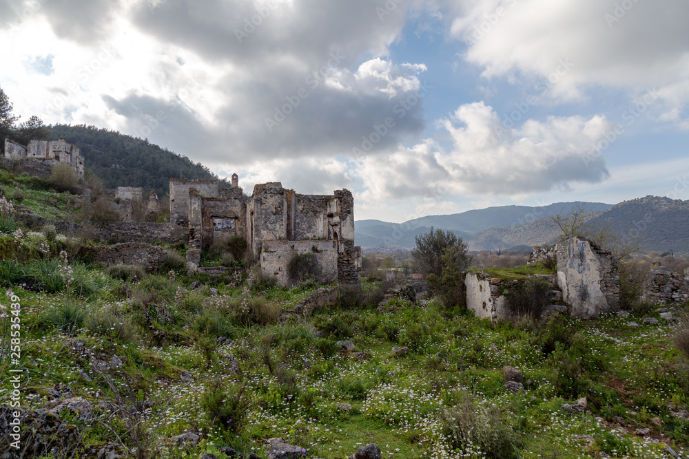The abandoned Greek Village of Kayakoy, Fethiye, Turkey. Old greek houses, kaya koy near Mediterranean coast.