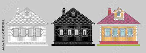 Russian traditional two-story wooden house. The windows and details are decorated with carvings. Vector . Black, black and white, colored silhouette.