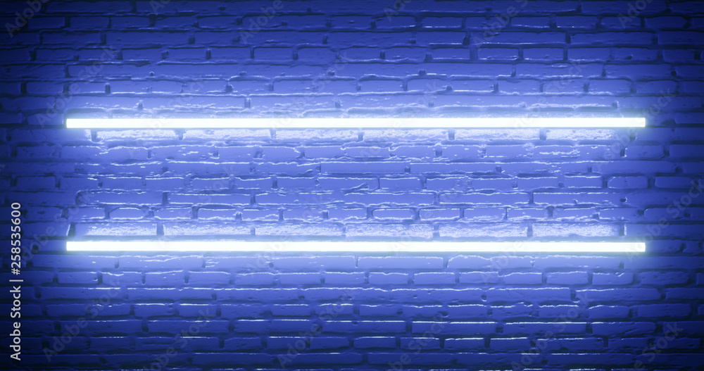 3d rendering. Brick wall illuminated by a neon blue light. Abstract background. Light effect on the protruding surface.