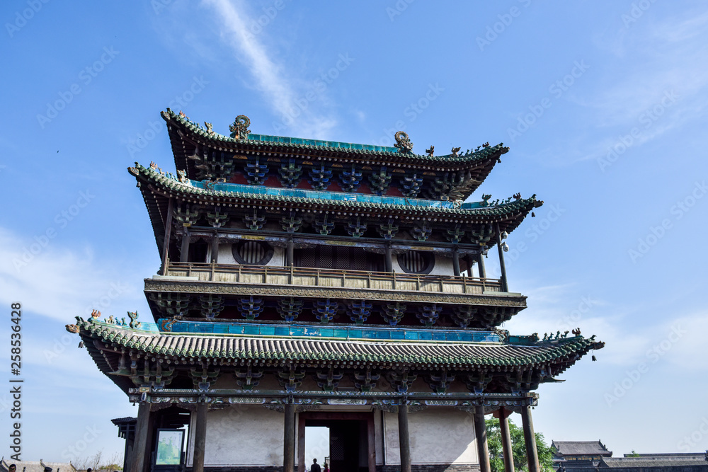 Ancient Chinese Architectural Gateway Wall under Clear Sky and White Cloud, Pingyao County, Ancient Chinese Architectural Gateway Wall under Clear Sky and White Cloud, Pingyao County,