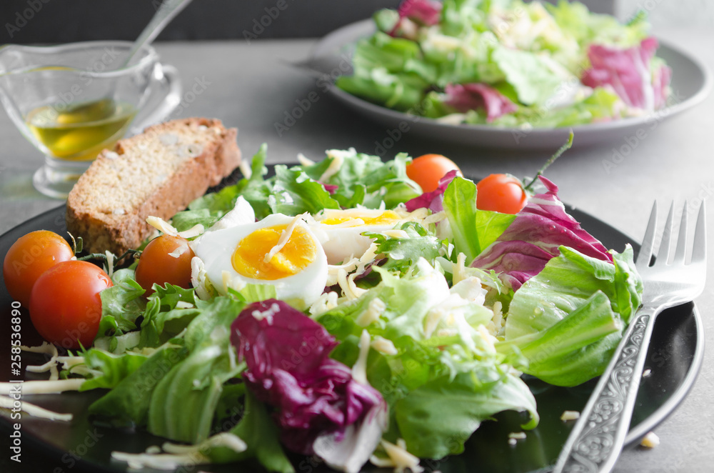 Fresh vegetarian salad with tomatoes, cheese and eggs