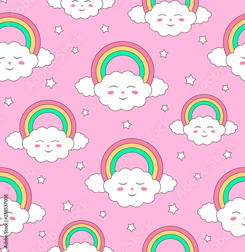 Cute seamless pattern, clouds with rainbows and stars for the design of children's prints and wallpapers.