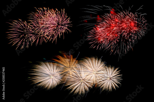Collection of colorful fireworks on black background for a holiday and a new year
