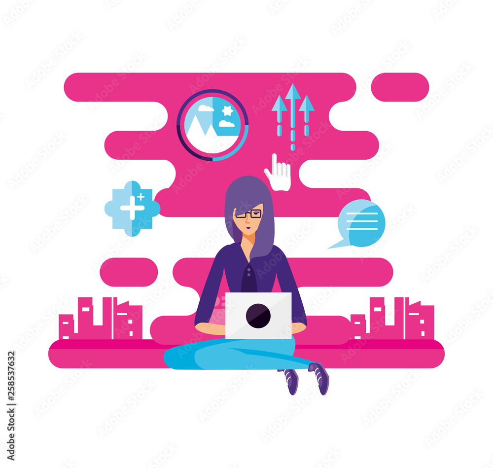 woman with laptop and social media icons