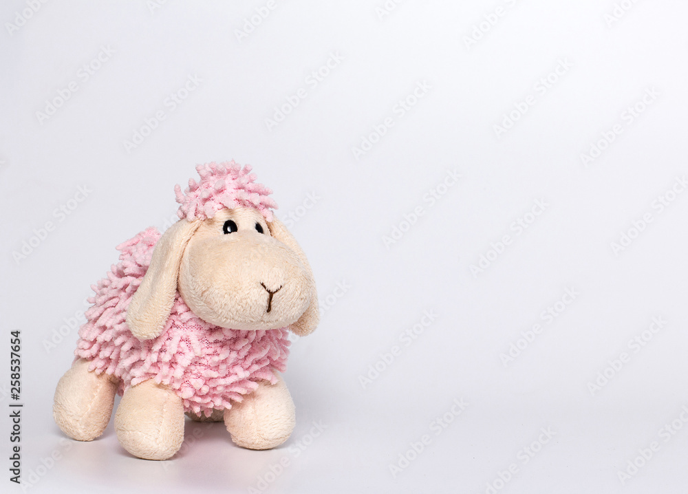 Lamb plush toy. White and pink lamb. Gray background. Lamb plush toy. White and pink lamb. Gray background.