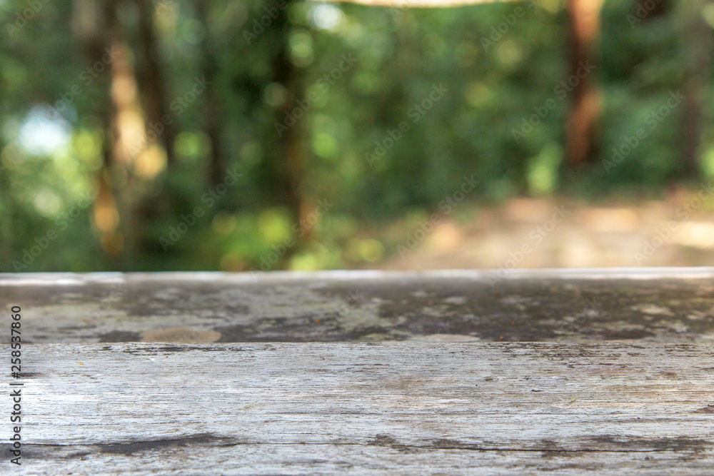 Fototapeta premium Empty Wooden table for your product and blur natural background, Wood table background nature montage