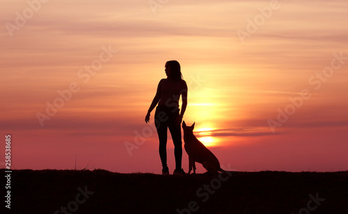 Wallpaper Mural The girl and the dog at sunset, the Belgian Shepherd Malinois breed, an incredible sunset, friendship and relationships, a sporty girl Torontodigital.ca