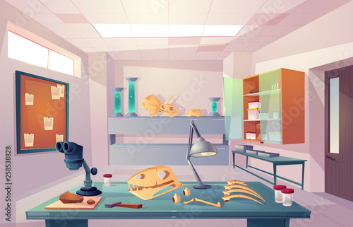 Palaeontology, university genetics laboratory, examining fossilized bones, studying dinosaurs skeleton anatomy cartoon vector illustration