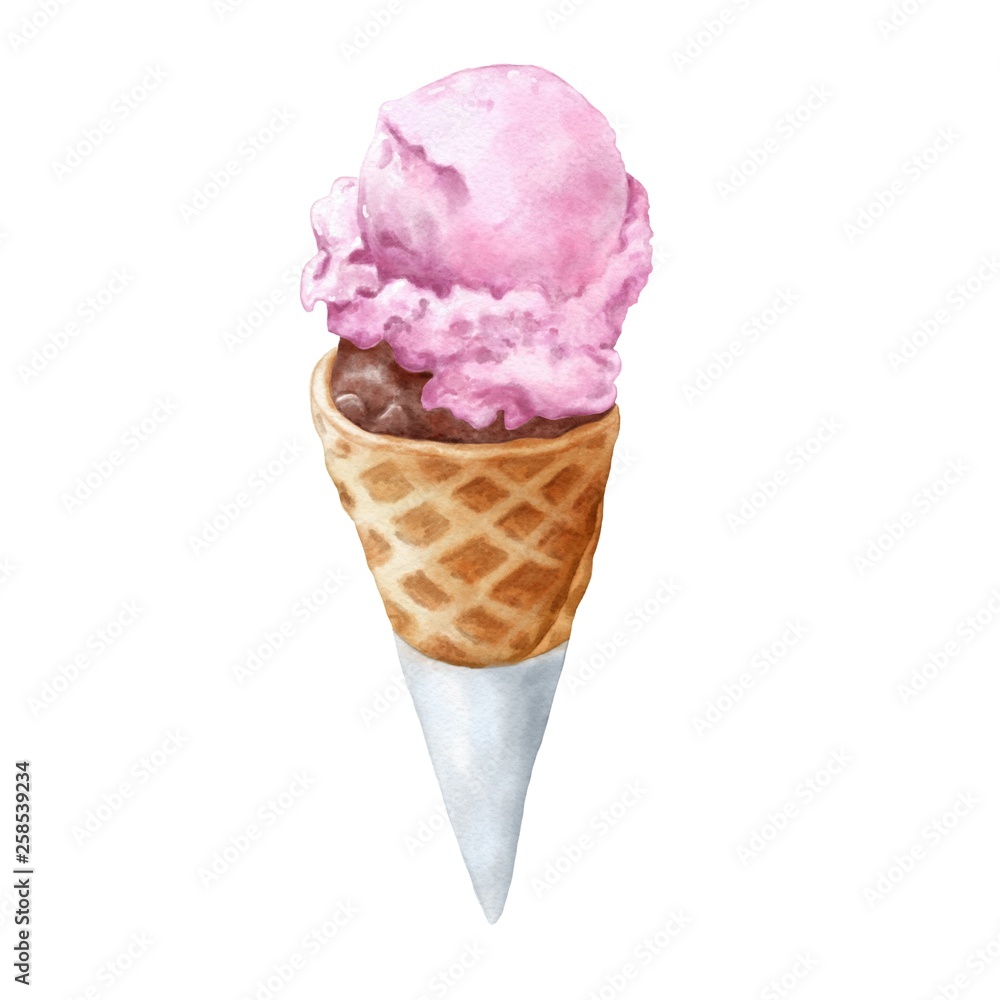 Hand drawn strawberry and chocolate ice cream in waffle cone on watercolor paper isolated on white background. Delicious food illustration. Hand drawn strawberry and chocolate ice cream in waffle cone on watercolor paper isolated on white background. Delicious food illustration.