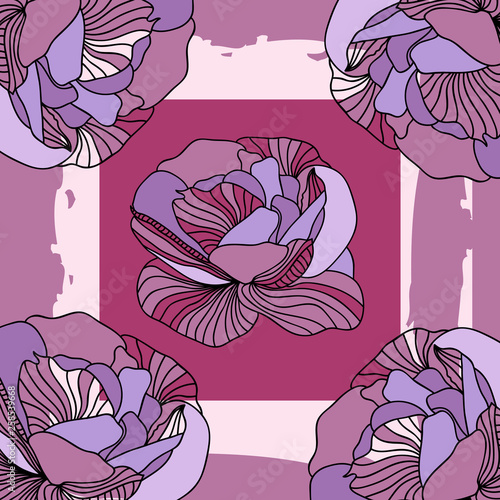 Square flower arrangement with roses. Pattern for printing on scarves, postcards, carpets, bandanas, napkins, home textiles. Hand-drawn vector background.