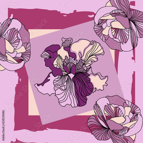 Square flower arrangement with roses and irises. Pattern for printing on scarves, postcards, carpets, bandanas, napkins, home textiles. Hand-drawn vector background.