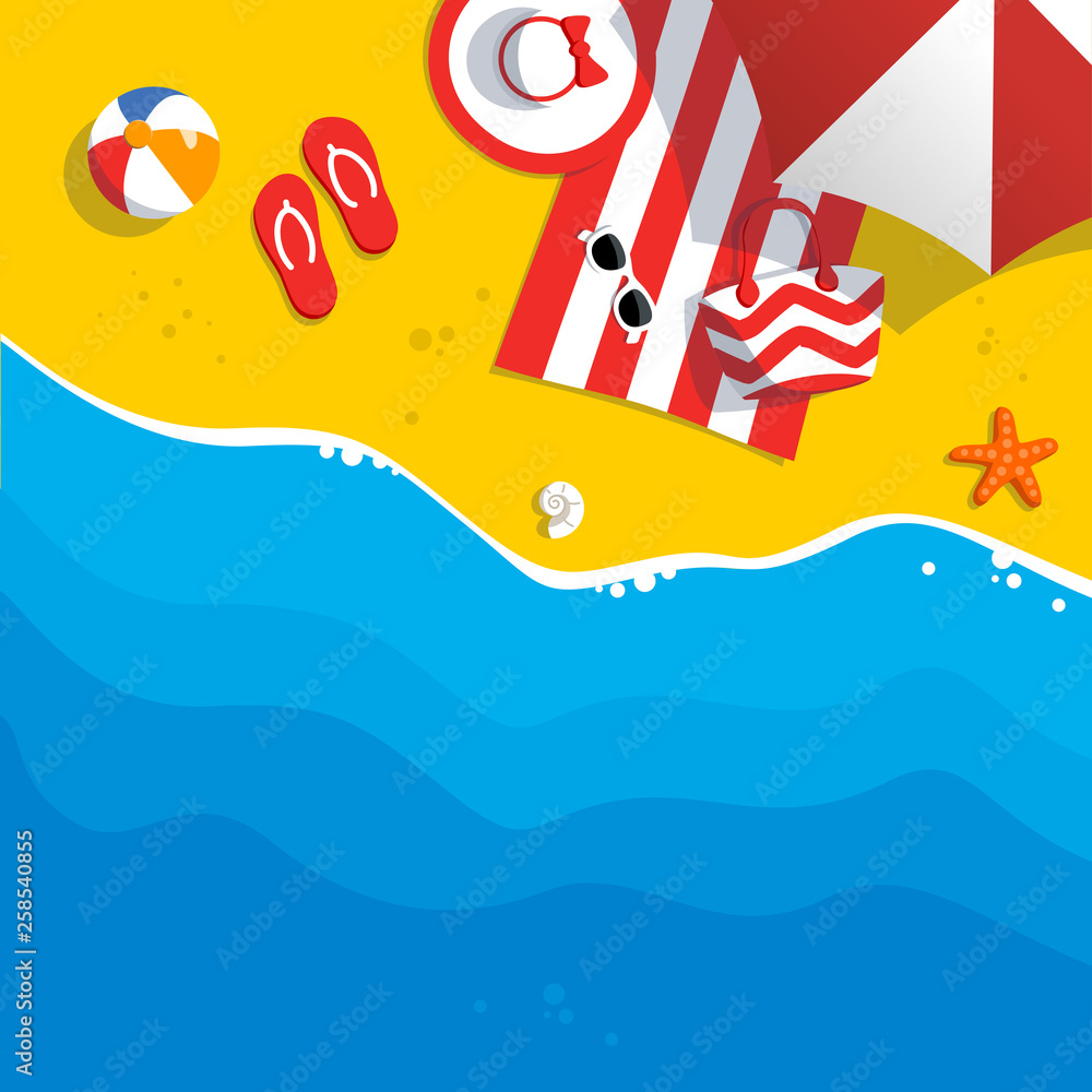 Aerial view of summer beach. Background tamplate with text summer time. Vacation on the tropical seaside. Holiday on sea sand. Concept for poster and other promotional material. Vector illustration. Aerial view of summer beach. Background tamplate with text summer time. Vacation on the tropical seaside. Holiday on sea sand. Concept for poster and other promotional material. Vector illustration.