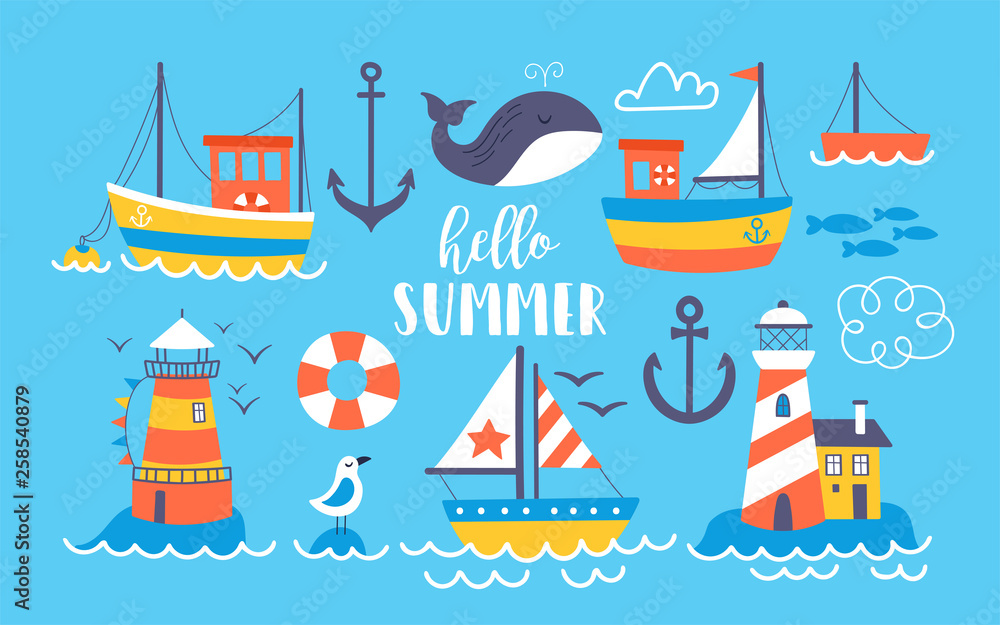 Cute boats and lighthouse summer set. - obrazy, fototapety, plakaty 