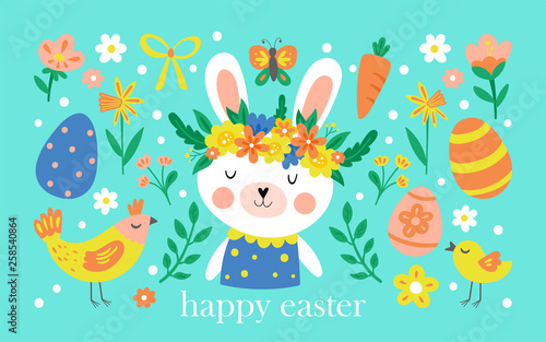 Easter holiday cute elements set with bunny  flowers and Easter eggs.