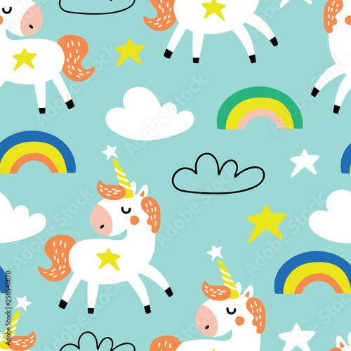 Seamless pattern with unicorns and rainbow.