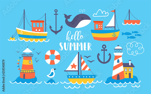 Cute boats and lighthouse summer set. photo