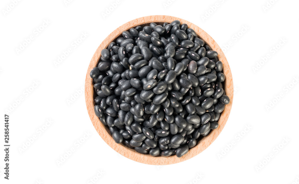 black bean in wooden bowl isolated on white background. nutrition. food ingredient. black bean in wooden bowl isolated on white background. nutrition. food ingredient.