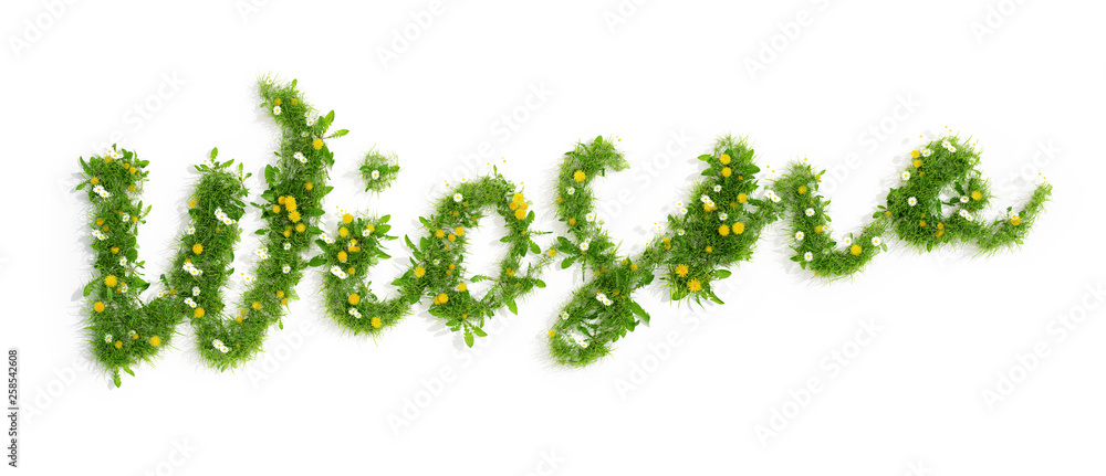 Fototapeta premium napis wiosna utworzony z trawy i kwiatów, 3D render