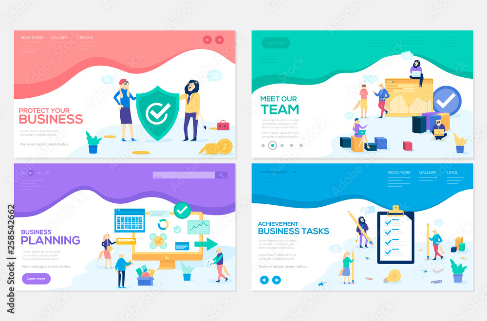 Business school website templates set. Business protection, insurance coaching vector landing page. Time management seminar web banner with copyspace. Teamwork. Cartoon characters with animals