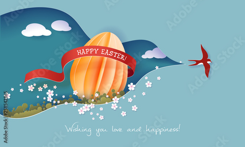 Happy Easter Spring illustration. Paper cut 3d