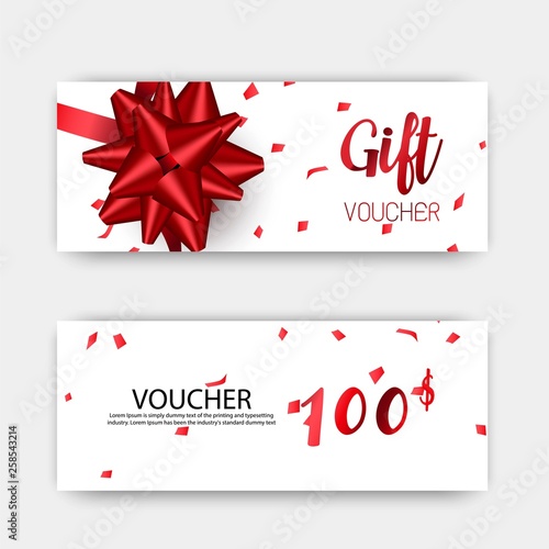 Luxury gift vouchers set. Red and golden color design, on white background. Vector illustration EPS10. 