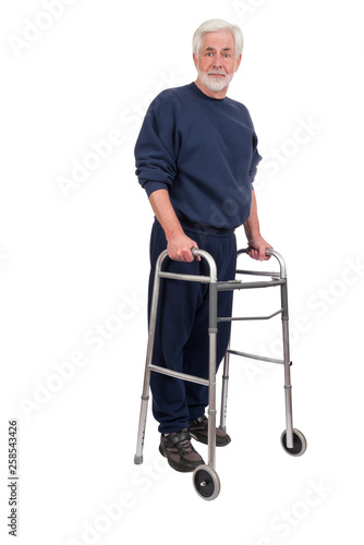 Photography Cheerful Older Man With Walker Is Isolated On White