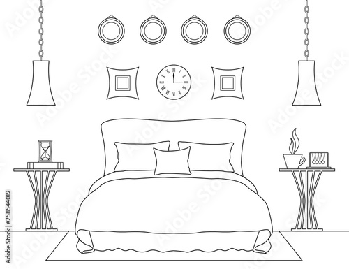 Outline bedroom interior. Vector illustration. Room template.