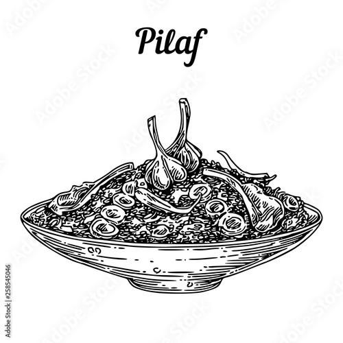 Large dish with pilaf. Sketch. Engraving style. Vector illustration.