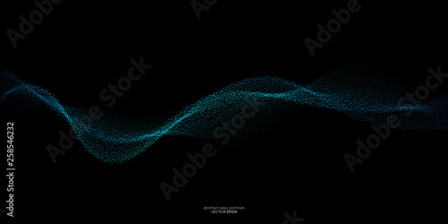Flowing particles wave pattern, blue and green color isolated on black background. Vector in concept of AI technology, science, music. photo