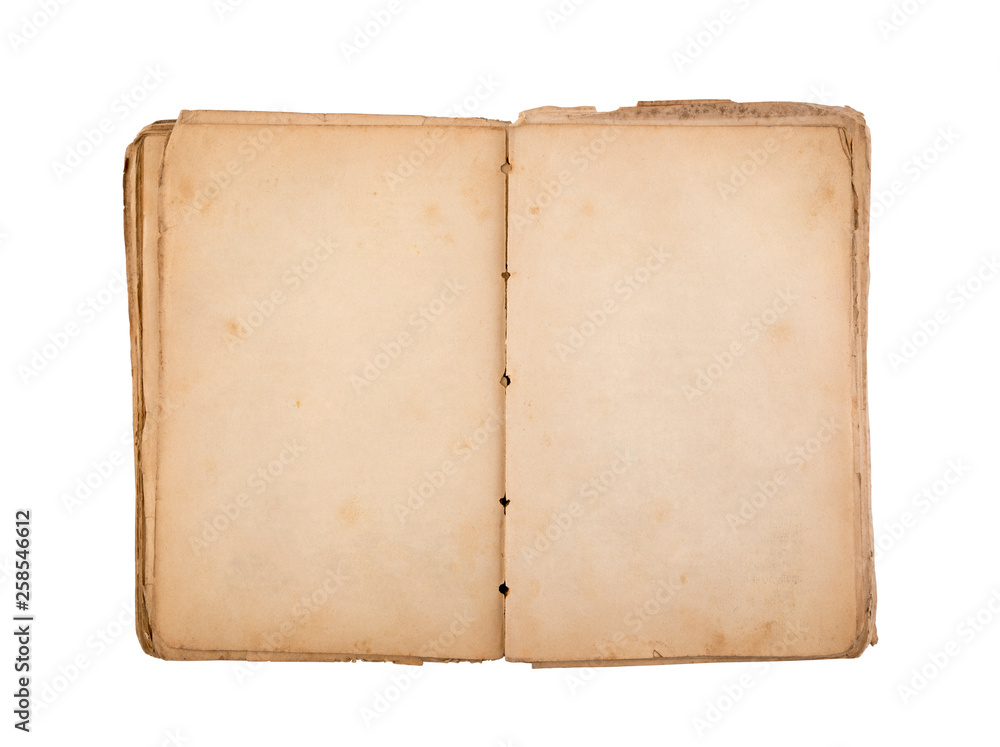 Open old book with blank yellow stained pages isolated on white background with clipping path Open old book with blank yellow stained pages isolated on white background with clipping path