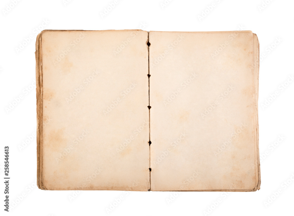 Open old book with blank yellow stained pages isolated on white background with clipping path