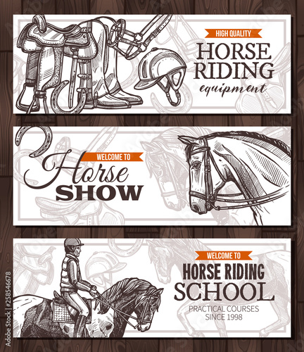Vector hand drawn monochrome horizontal banners with horses, equestrian sport and equipment for horseback riding. Design with sketch engrawind illustration