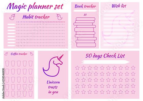 Magic set with trackers habits. Tracker habits, for reading books, for coffee, for planning, wishlist and motivational poster. Unicorns, pink, stars.