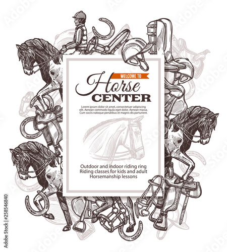 Vector monochrome background for horse riding poster with hand drawn horse and riding equipment. Design with sketch illustration for riding school, lessons, equestrian club or academy