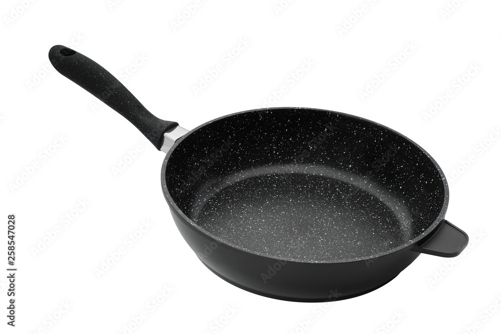 Kitchen frying pan with black plastic handle glass cover isolate on white background Kitchen frying pan with black plastic handle glass cover isolate on white background